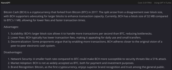 ChatGPT predicts Bitcoin Cash price for the start of 2024